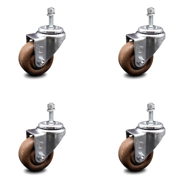 3 Inch High Temp Glass Filled Nylon Swivel 3/8 Inch Threaded Stem Caster Set SCC